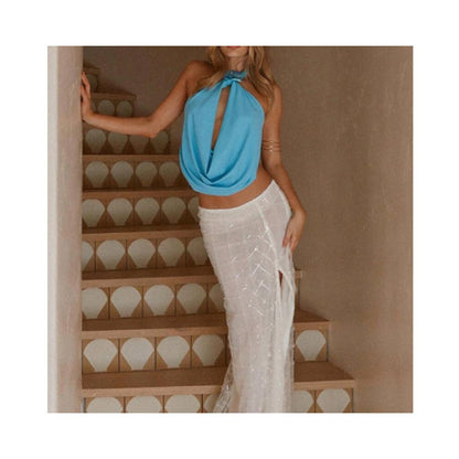 Wildgirl trendy solid color floral sleeveless hanging neck summer new item backless design sense ribbon short top vest image 3