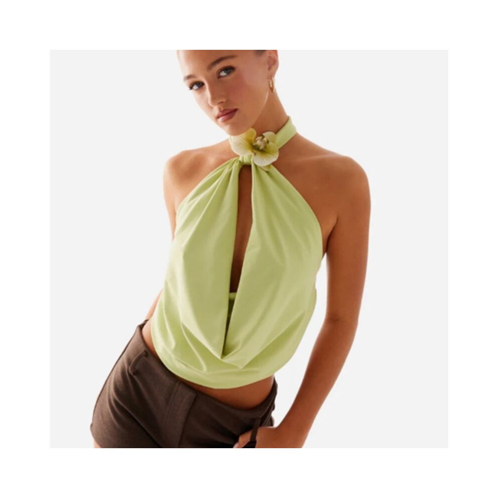 Wildgirl trendy solid color floral sleeveless hanging neck summer new item backless design sense ribbon short top vest image 4