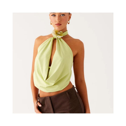 Wildgirl trendy solid color floral sleeveless hanging neck summer new item backless design sense ribbon short top vest image 0