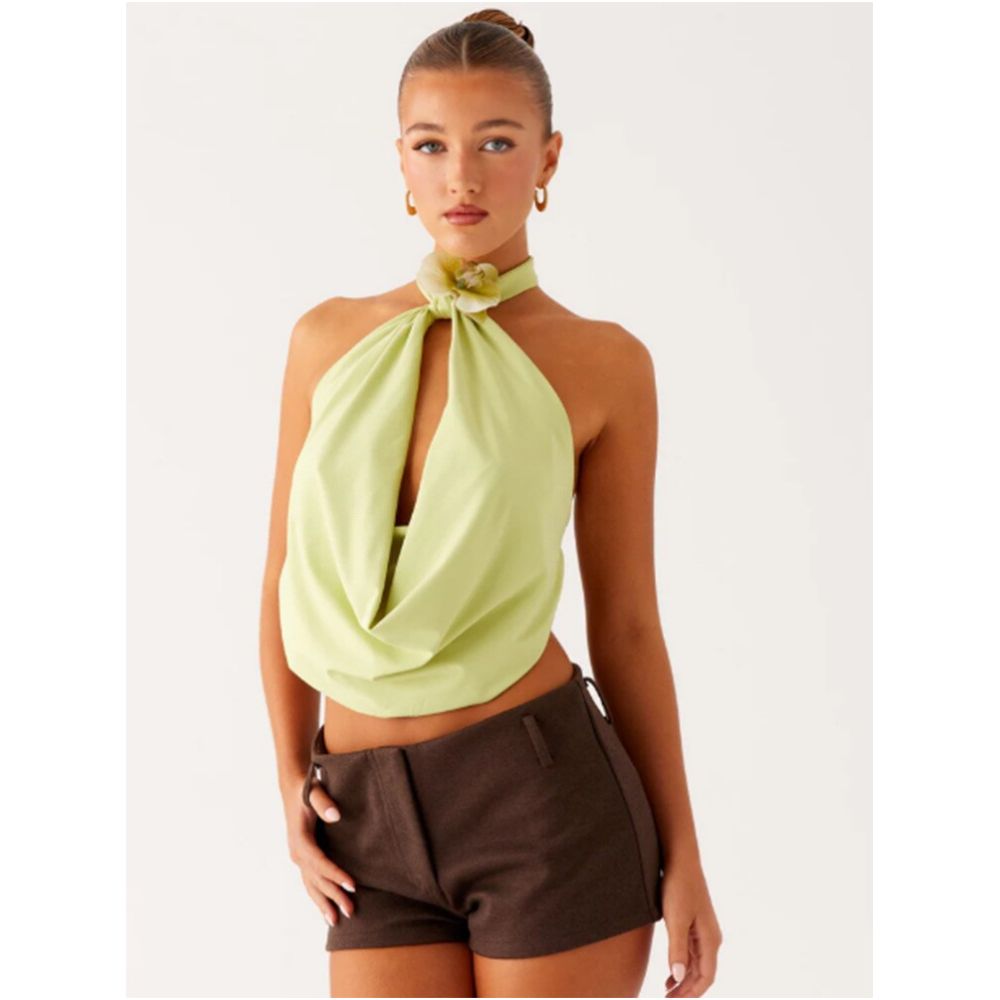 Wildgirl trendy solid color floral sleeveless hanging neck summer new item backless design sense ribbon short top vest