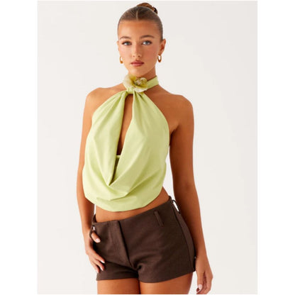 Wildgirl trendy solid color floral sleeveless hanging neck summer new item backless design sense ribbon short top vest
