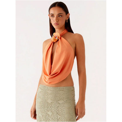 Wildgirl trendy solid color floral sleeveless hanging neck summer new item backless design sense ribbon short top vest