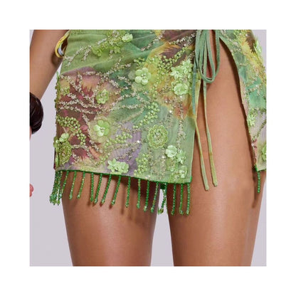 Wildgirl Spring Summer 3D Flower Bead Strap Hanging Neck Strap Butt Curtain Two Wear Bikini Skirt Swimsuit Set image 5