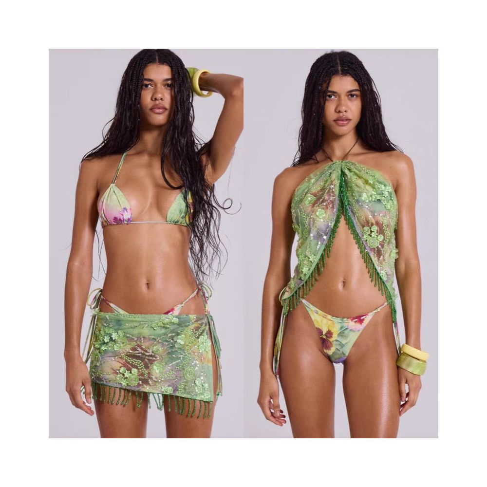 Wildgirl Spring Summer 3D Flower Bead Strap Hanging Neck Strap Butt Curtain Two Wear Bikini Skirt Swimsuit Set image 0