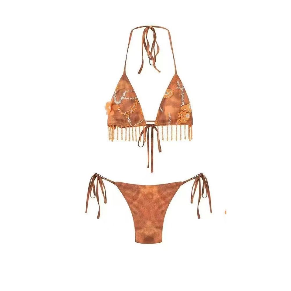 Wildgirl Spring Summer 3D Flower Bead Strap Hanging Neck Strap Butt Curtain Two Wear Bikini Skirt Swimsuit Set