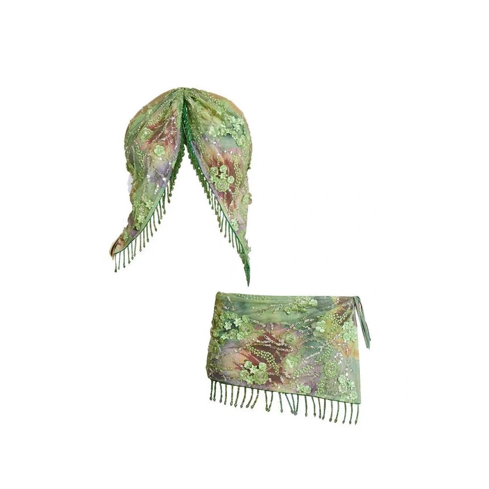 Wildgirl Spring Summer 3D Flower Bead Strap Hanging Neck Strap Butt Curtain Two Wear Bikini Skirt Swimsuit Set