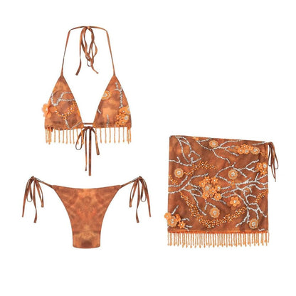 Wildgirl Spring Summer 3D Flower Bead Strap Hanging Neck Strap Butt Curtain Two Wear Bikini Skirt Swimsuit Set