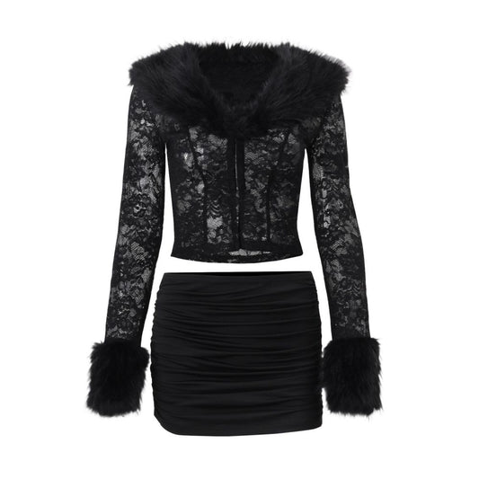 Wildgirl autumn and winter new fashionable and sexy fur patchwork lace long sleeved top hip hugging skirt set for women