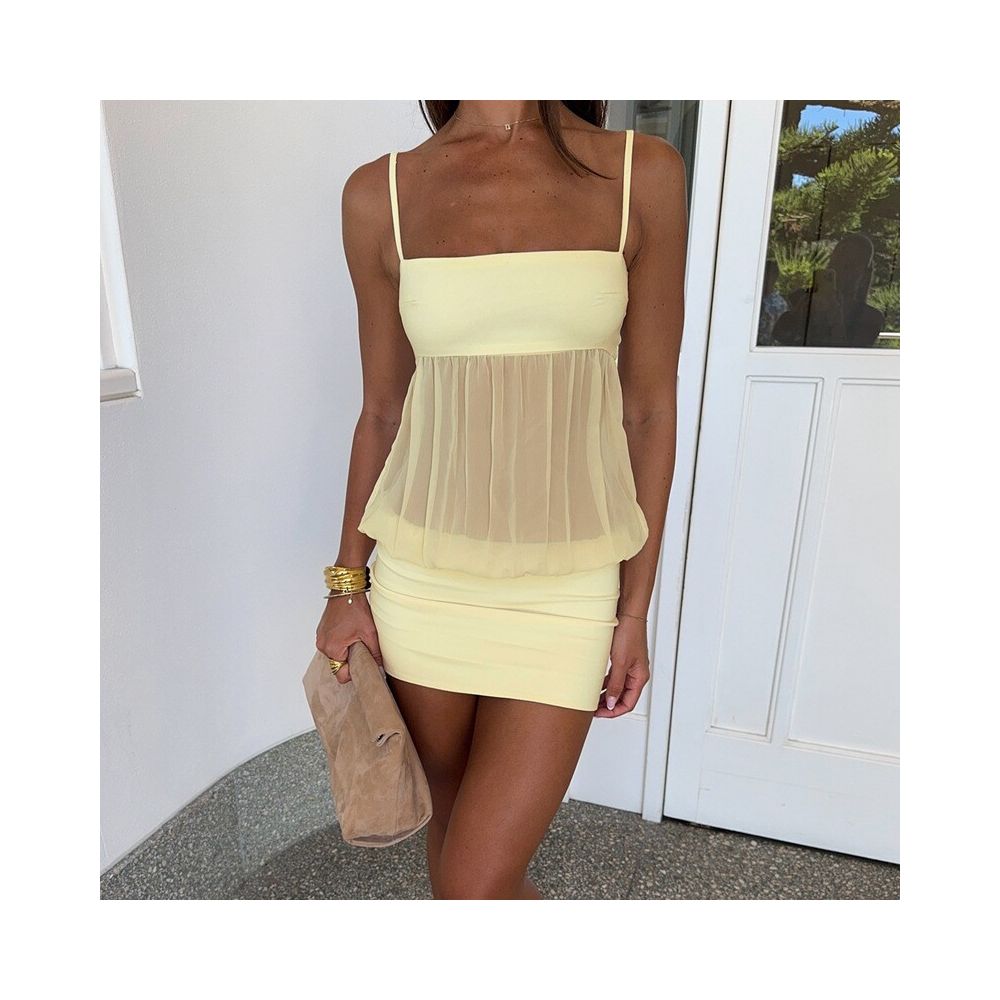 Wildgirl Hot Girl Women s Summer New Product Solid Color One Collar Sexy Mesh Perspective Strap Bag Hip Wrap Dress image 4