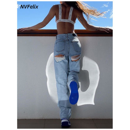 Wildgirl European and American spicy girl style new street casual high waist loose fit ripped hole slim fit waist cinching fashionable jeans for women image 3