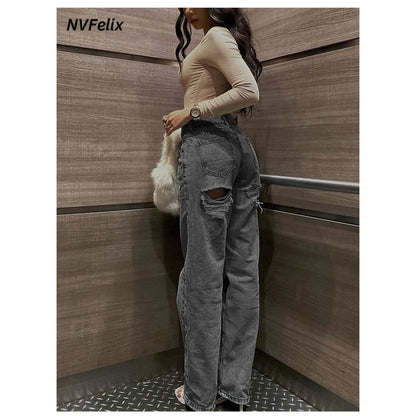 Wildgirl European and American spicy girl style new street casual high waist loose fit ripped hole slim fit waist cinching fashionable jeans for women image 5