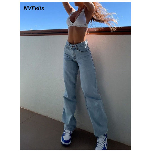 Wildgirl European and American spicy girl style new street casual high waist loose fit ripped hole slim fit waist cinching fashionable jeans for women