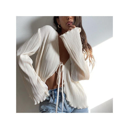 European and American ins lazy style 2022 summer cardigan tie sexy slim fit trumpet long sleeved pleated shirt for women French style image 1