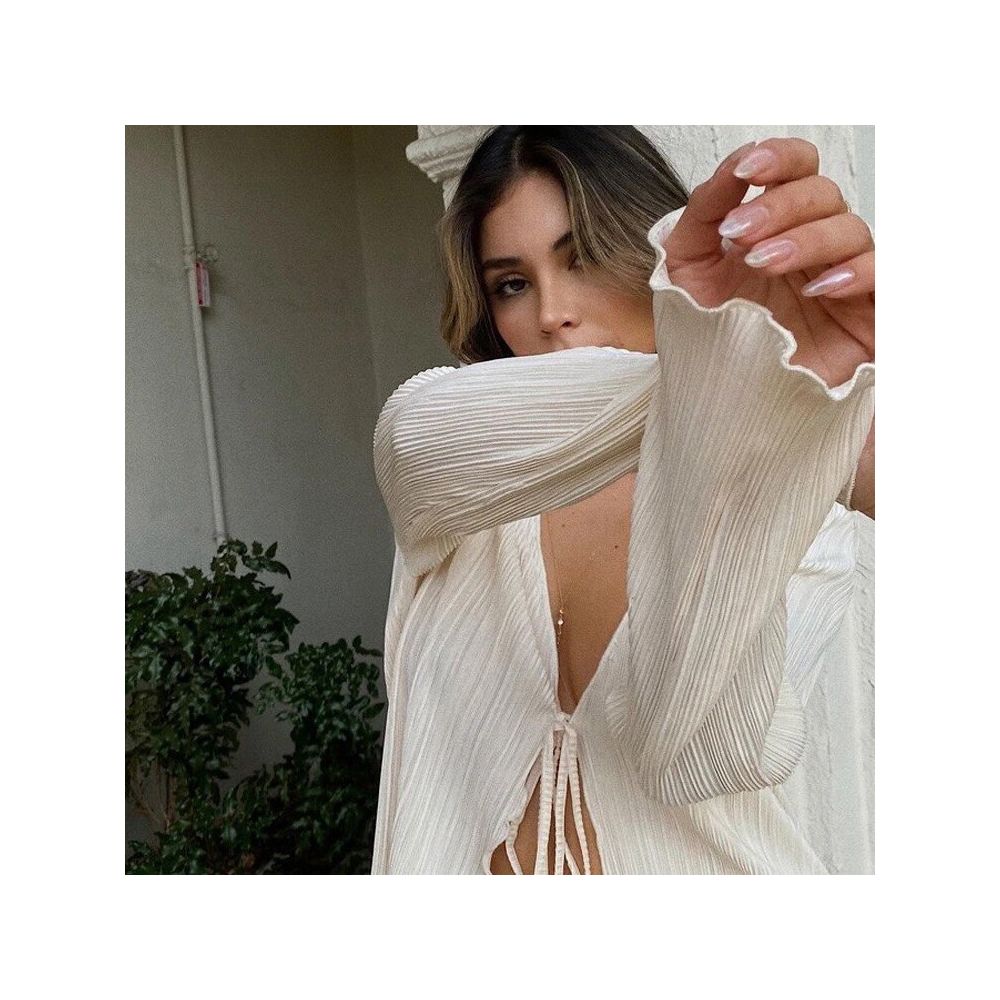 European and American ins lazy style 2022 summer cardigan tie sexy slim fit trumpet long sleeved pleated shirt for women French style image 2