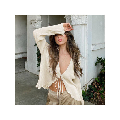 European and American ins lazy style 2022 summer cardigan tie sexy slim fit trumpet long sleeved pleated shirt for women French style image 4