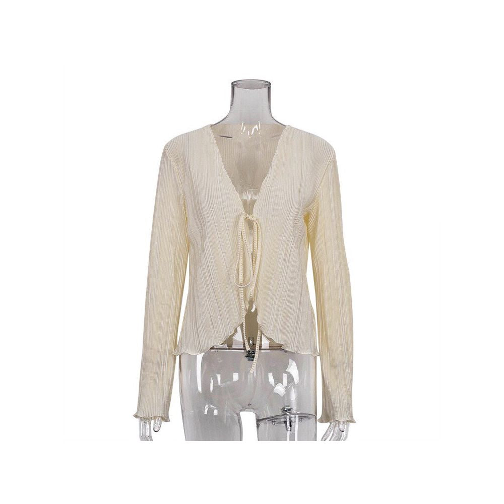 European and American ins lazy style 2022 summer cardigan tie sexy slim fit trumpet long sleeved pleated shirt for women French style image 5