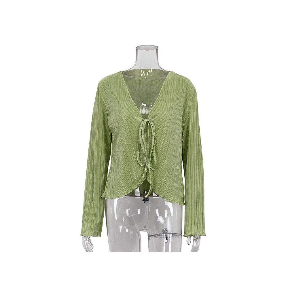 European and American ins lazy style 2022 summer cardigan tie sexy slim fit trumpet long sleeved pleated shirt for women French style