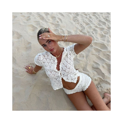 Wildgirl Summer Beach Fashion Leisure Set Comfortable Leisure Hollow Perspective Holiday Top Shorts Set image 1