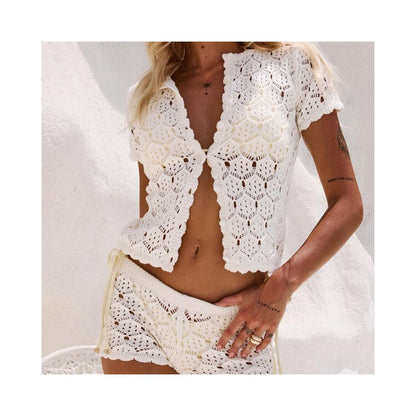 Wildgirl Summer Beach Fashion Leisure Set Comfortable Leisure Hollow Perspective Holiday Top Shorts Set image 5