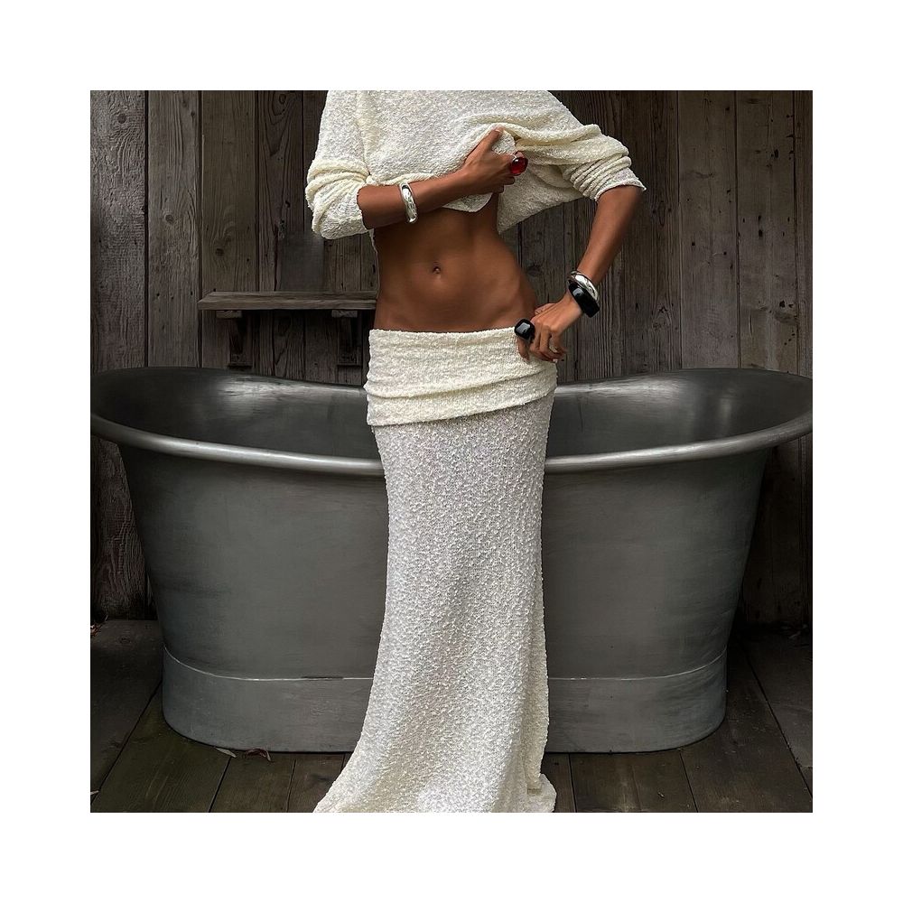 Wildgirl off shoulder and navel vacation style top pleated half body long skirt knitted set see through two piece set for women image 2