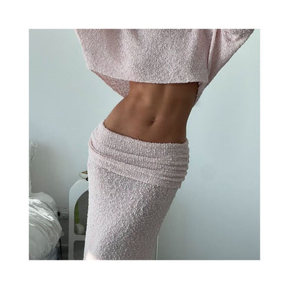 Wildgirl off shoulder and navel vacation style top pleated half body long skirt knitted set see through two piece set for women image 3