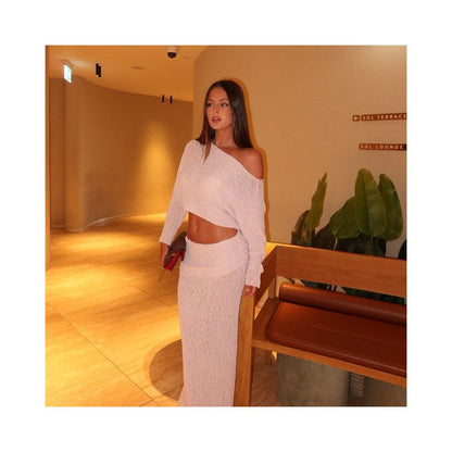 Wildgirl off shoulder and navel vacation style top pleated half body long skirt knitted set see through two piece set for women image 4