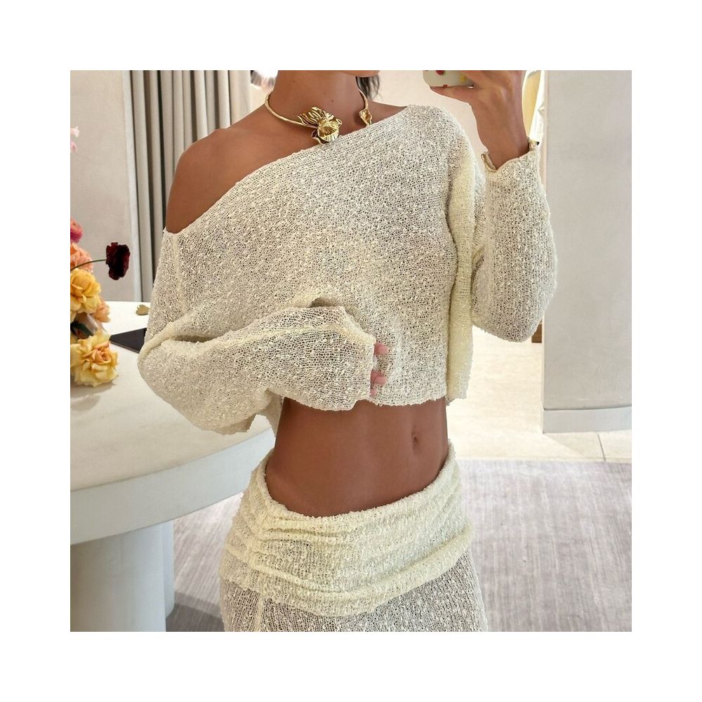Wildgirl off shoulder and navel vacation style top pleated half body long skirt knitted set see through two piece set for women image 5