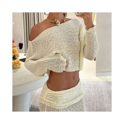 Wildgirl off shoulder and navel vacation style top pleated half body long skirt knitted set see through two piece set for women image 5