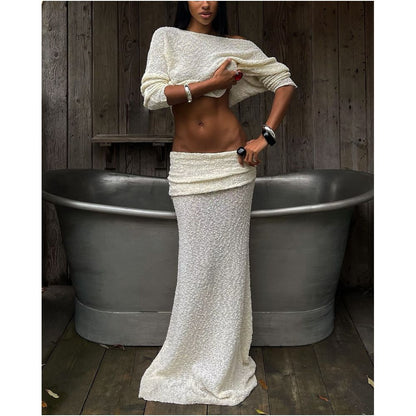 Wildgirl off shoulder and navel vacation style top pleated half body long skirt knitted set see through two piece set for women