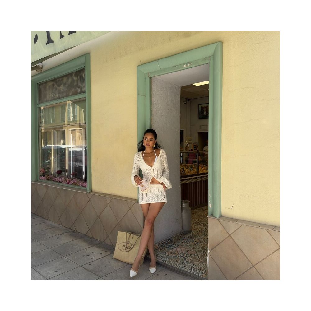 Wildgirl Beach Bohemian Contrast Perspective Hollow Short Sexy V neck Top Half body Knitted Set image 4