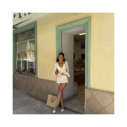 Wildgirl Beach Bohemian Contrast Perspective Hollow Short Sexy V neck Top Half body Knitted Set image 4