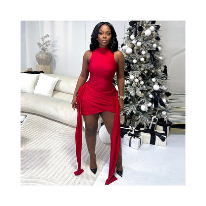 European and American style fashionable women s pleated patchwork tie up slim bodycon dress casual solid color stand collar short dress image 0