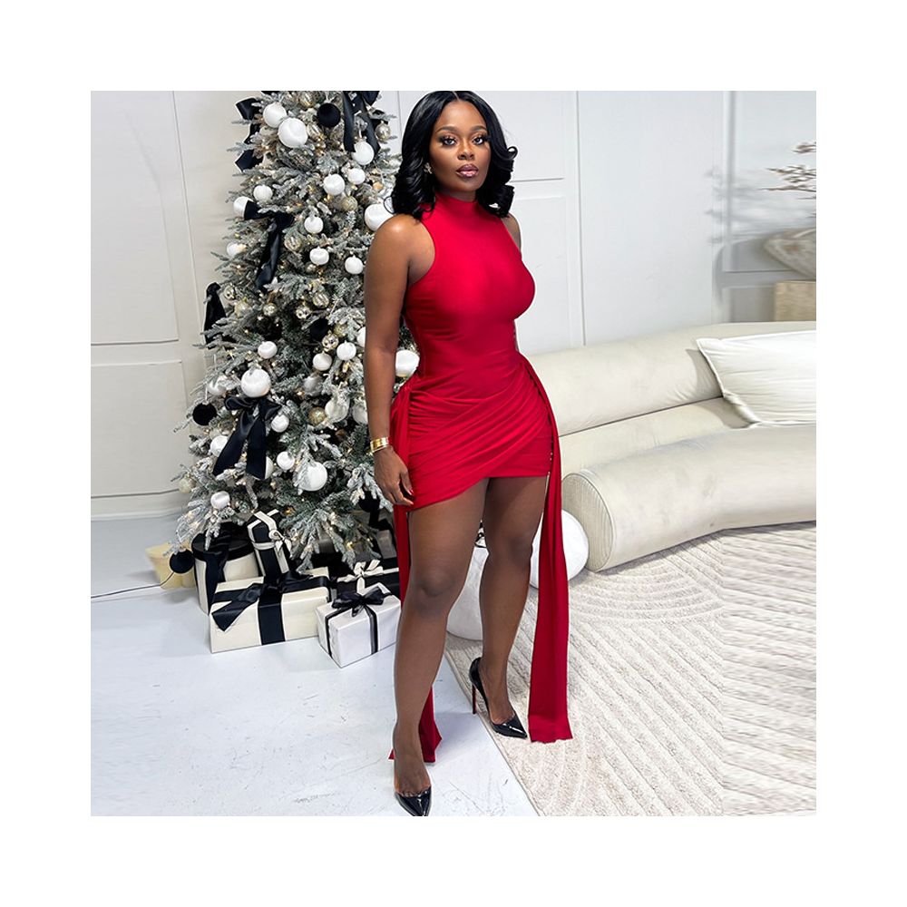 European and American style fashionable women s pleated patchwork tie up slim bodycon dress casual solid color stand collar short dress image 2