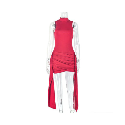 European and American style fashionable women s pleated patchwork tie up slim bodycon dress casual solid color stand collar short dress