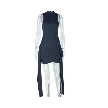 European and American style fashionable women s pleated patchwork tie up slim bodycon dress casual solid color stand collar short dress
