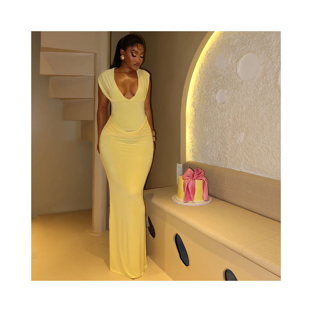European and American style ins inspired cross border simple slim fitting women s street style pleated bodycon skirt sexy V neck sleeveless elegant dress image 0