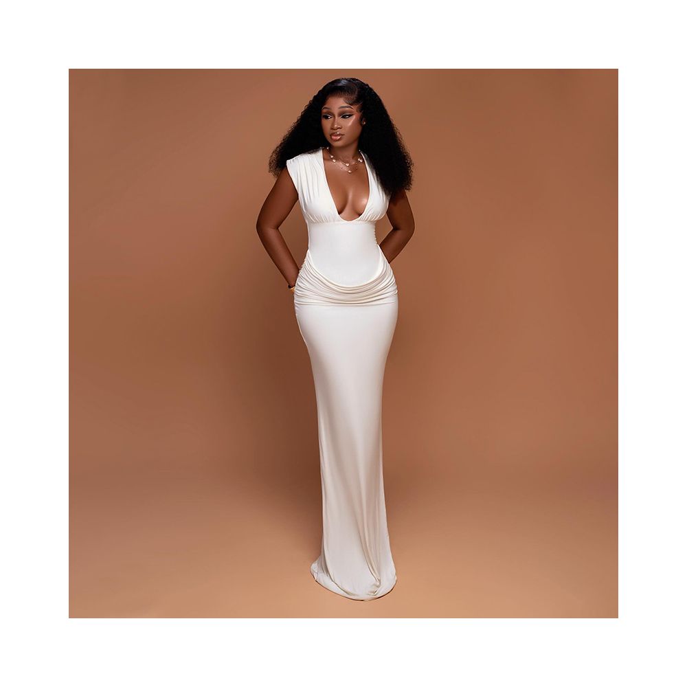 European and American style ins inspired cross border simple slim fitting women s street style pleated bodycon skirt sexy V neck sleeveless elegant dress image 2