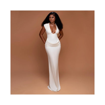 European and American style ins inspired cross border simple slim fitting women s street style pleated bodycon skirt sexy V neck sleeveless elegant dress image 2