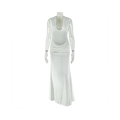 European and American style ins inspired cross border simple slim fitting women s street style pleated bodycon skirt sexy V neck sleeveless elegant dress