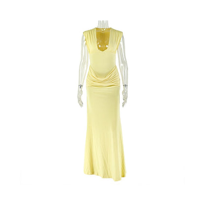 European and American style ins inspired cross border simple slim fitting women s street style pleated bodycon skirt sexy V neck sleeveless elegant dress