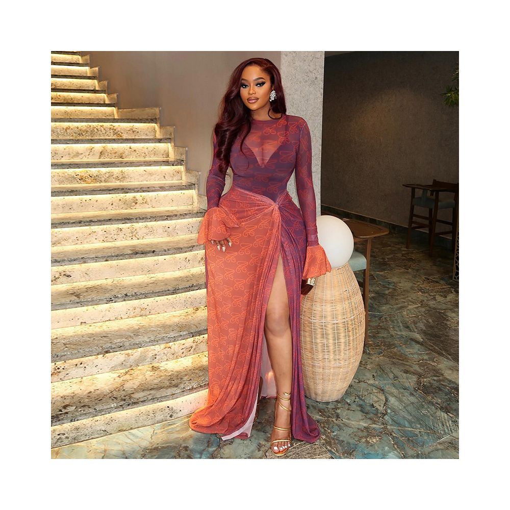 European and American style export summer slim fit women s dress light and slightly sheer hip hugging irregular skirt round neck pleated long sleeve dress image 0