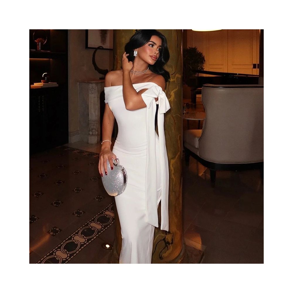 European and American style slim fit elegant pencil skirt one shoulder strapless dress with tie fashionable solid color women s clothing banquet dress image 2