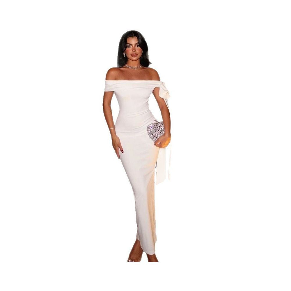 European and American style slim fit elegant pencil skirt one shoulder strapless dress with tie fashionable solid color women s clothing banquet dress image 4