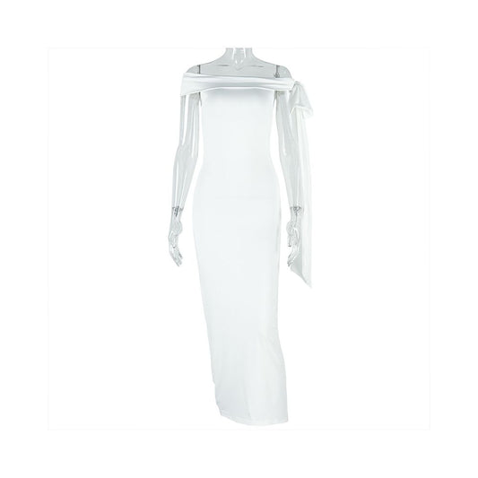European and American style slim fit elegant pencil skirt one shoulder strapless dress with tie fashionable solid color women s clothing banquet dress