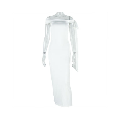European and American style slim fit elegant pencil skirt one shoulder strapless dress with tie fashionable solid color women s clothing banquet dress
