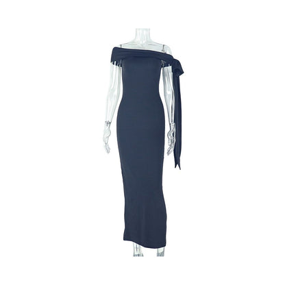 European and American style slim fit elegant pencil skirt one shoulder strapless dress with tie fashionable solid color women s clothing banquet dress
