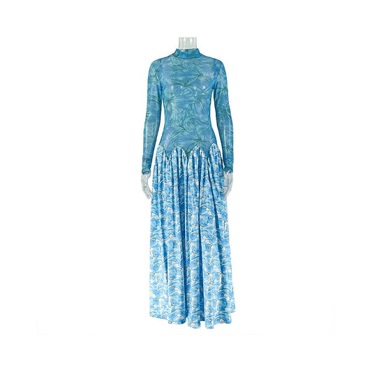 European and American style ins inspired cross border printed patchwork women s dress slightly sheer fresh A line skirt high neck elastic slim fit long sleeved dress