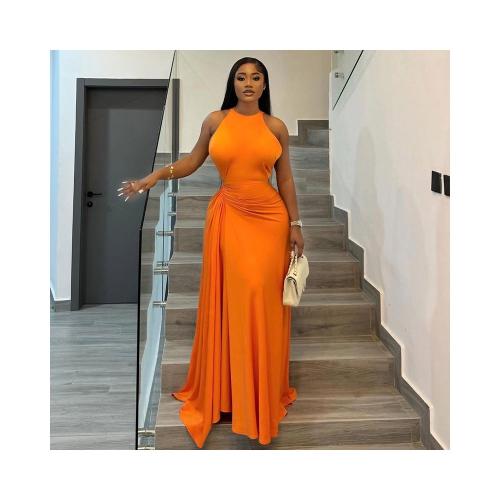 European and American style cross border new solid color women s clothing waist cinching pleated design hip hugging skirt round neck fashionable sleeveless long dress image 0