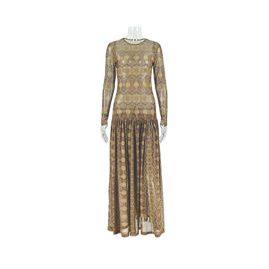 European and American style retro and elegant women s clothing slimming slightly sheer A line dress with print round neck long sleeves