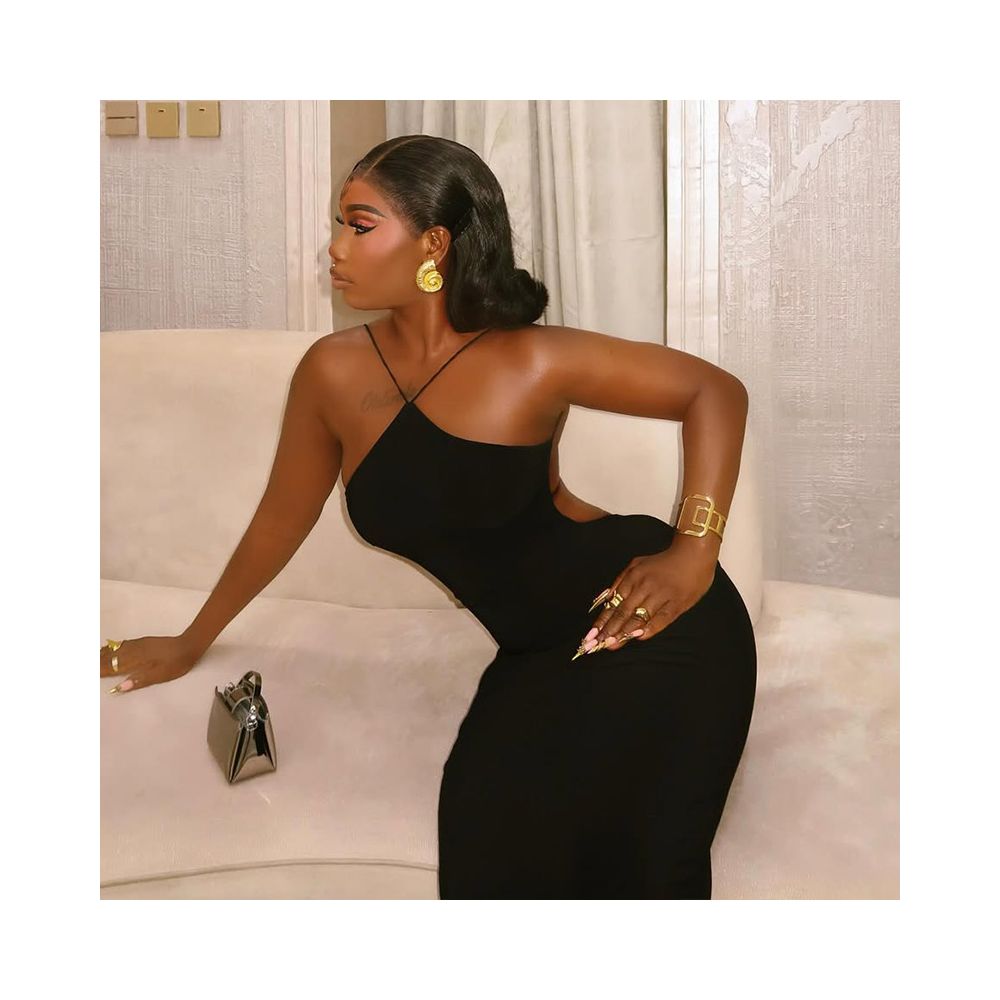 European and American style export solid color elegant women s dress low waist hip hugging skirt halter neck sleeveless backless long dress image 2